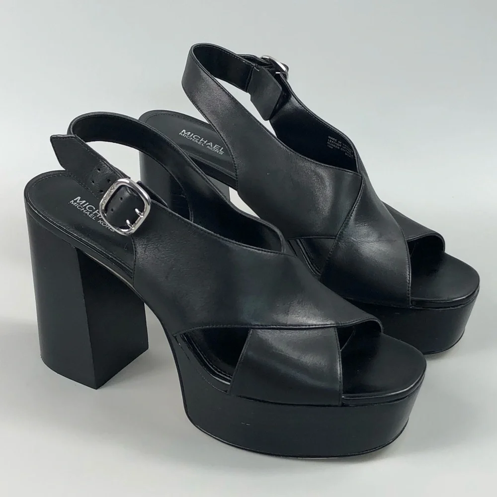 MICHAEL Michael Kors Black Leather Platform Slingback Sandals - Picture 3 of 11